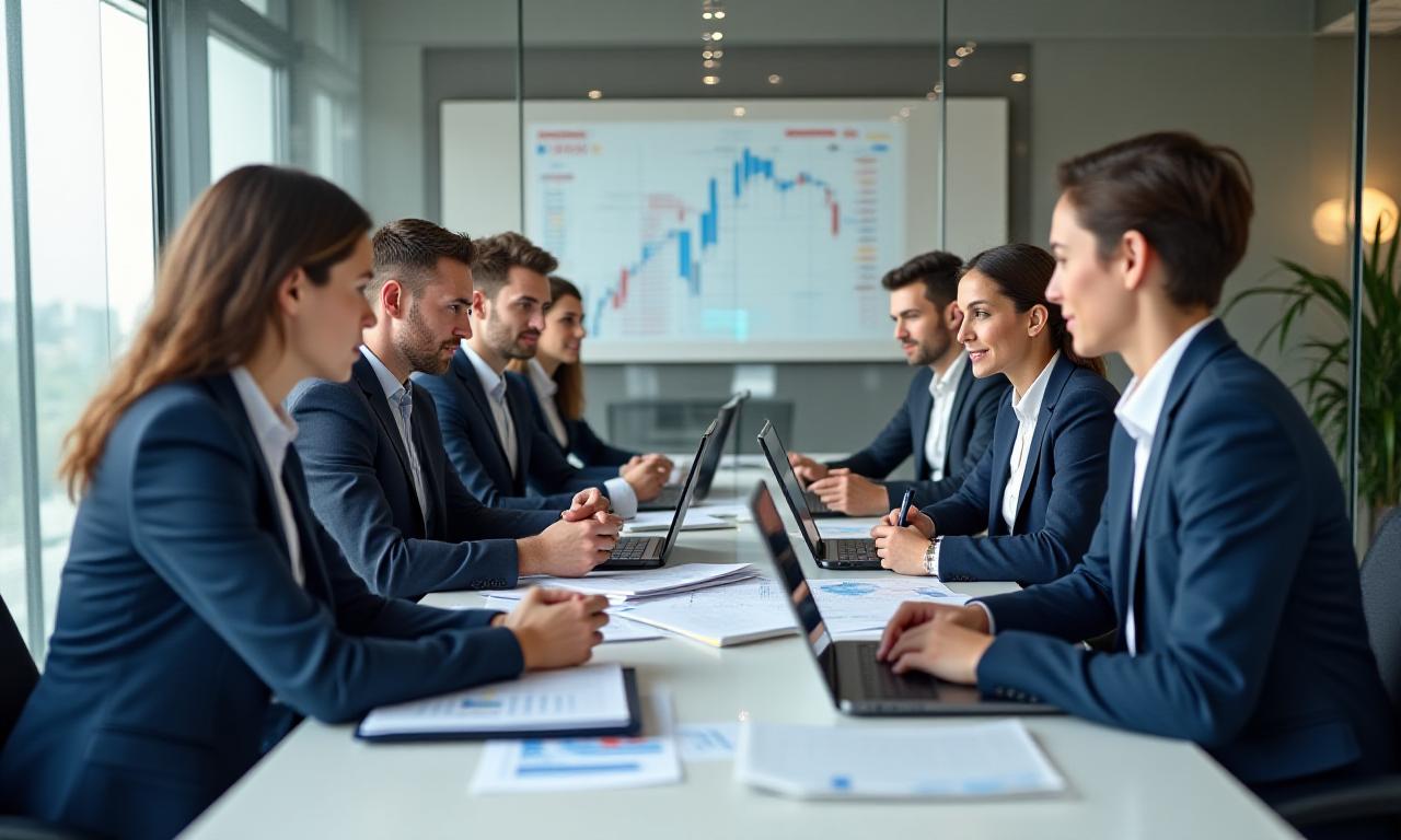 Analitycy finansowi omawiający strategię optymalizacji podatkowej przy stole w nowoczesnym biurze